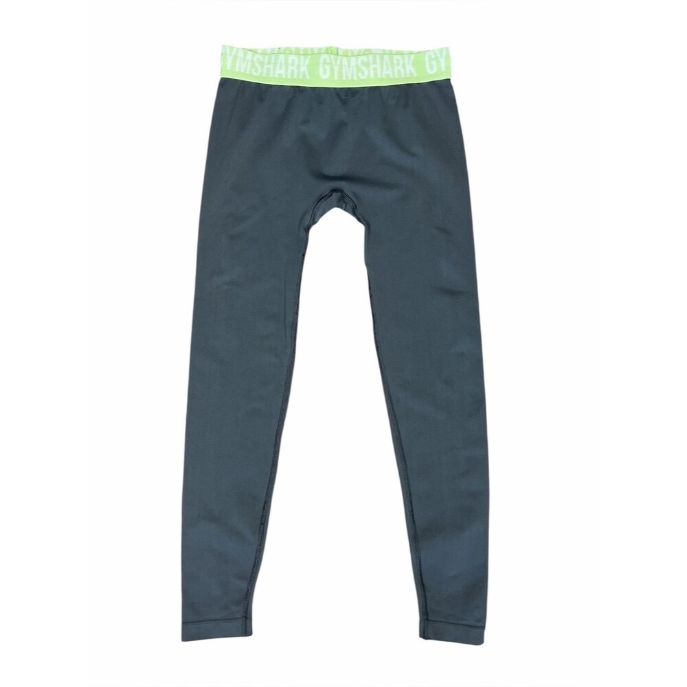 Gymshark Gray Compression Leggings Neon Green Logo Waistband Size M